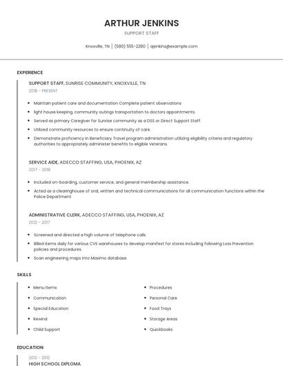 Support Staff Resume