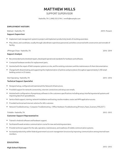 Support Supervisor Resume