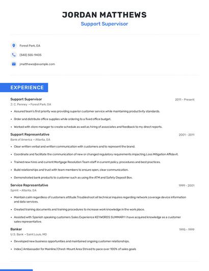 Support Supervisor Resume