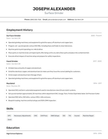 Surface Grinder Resume