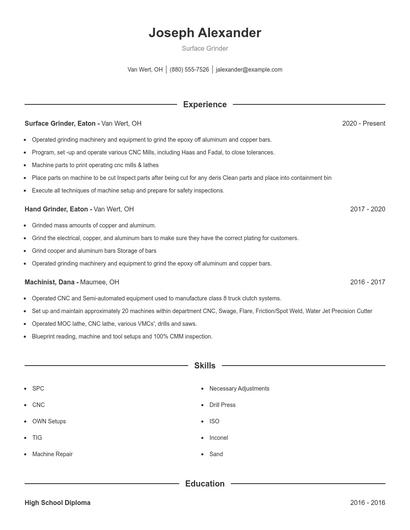 Surface Grinder Resume