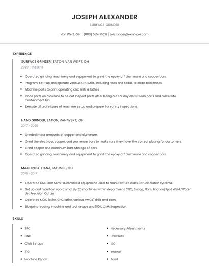Surface Grinder Resume