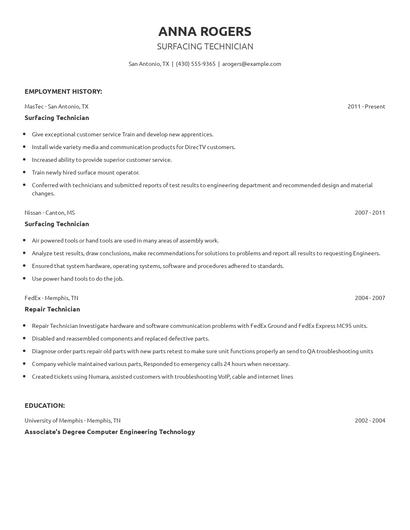 Surfacing Technician Resume