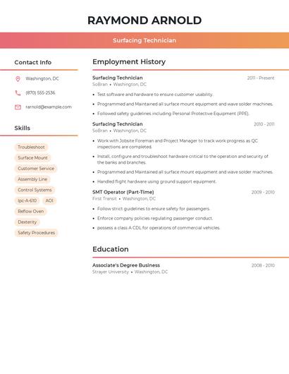 Surfacing Technician Resume