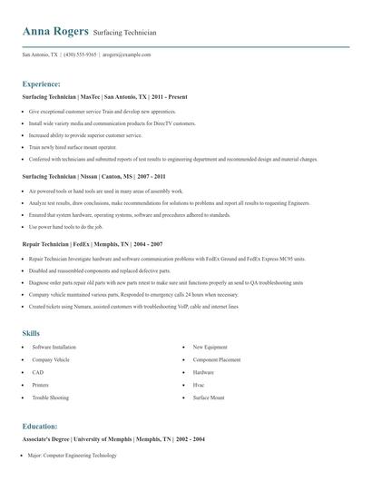 Surfacing Technician Resume