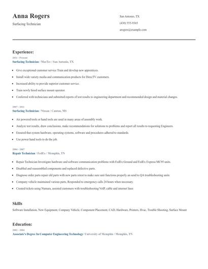 Surfacing Technician Resume