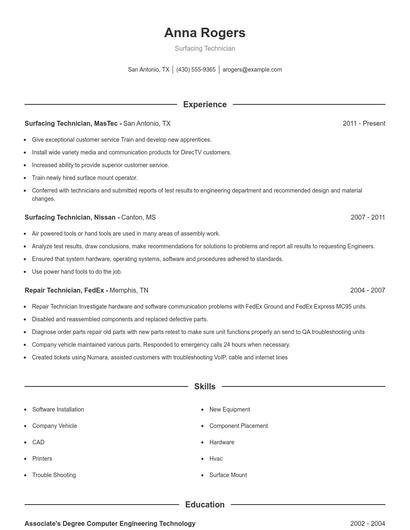 Surfacing Technician Resume