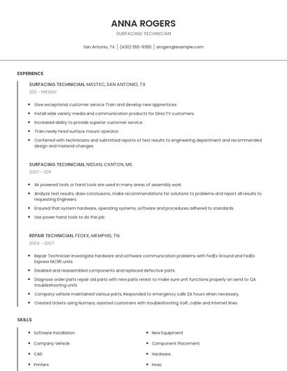 Surfacing Technician Resume