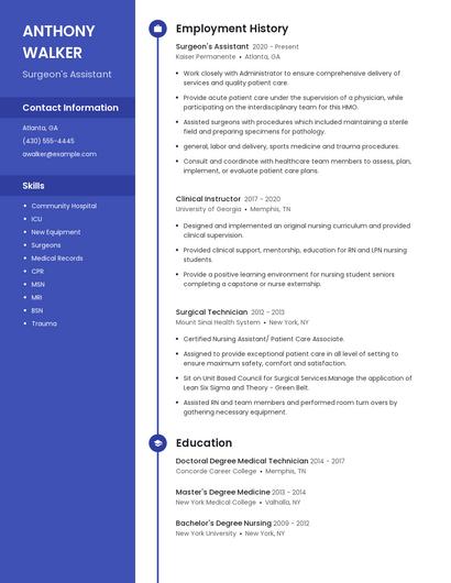 Surgeon's Assistant Resume