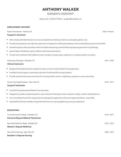 Surgeon's Assistant Resume