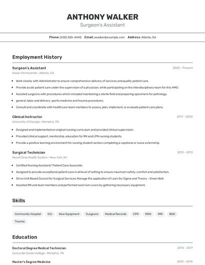 Surgeon's Assistant Resume
