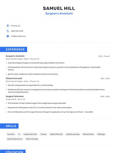 Surgeon's Assistant Resume