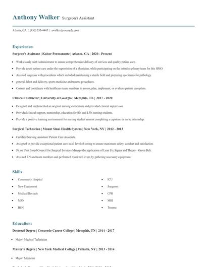 Surgeon's Assistant Resume