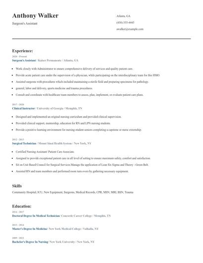 Surgeon's Assistant Resume