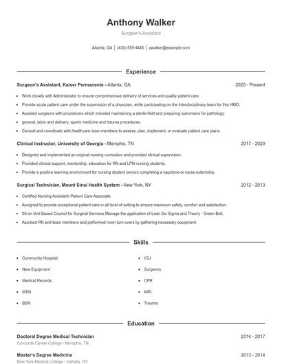 Surgeon's Assistant Resume
