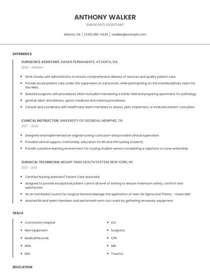Surgeon's Assistant Resume