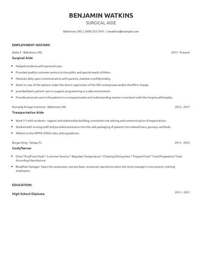 Surgical Aide Resume