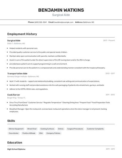 Surgical Aide Resume