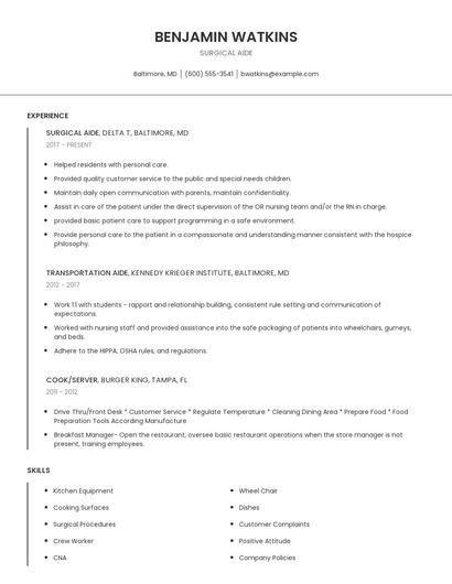 Surgical Aide Resume