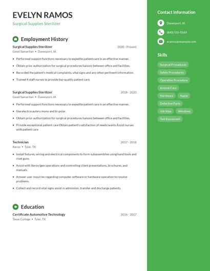 Surgical Supplies Sterilizer Resume