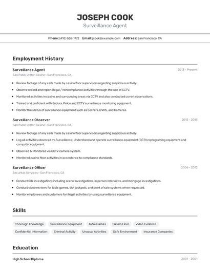 Surveillance Agent Resume