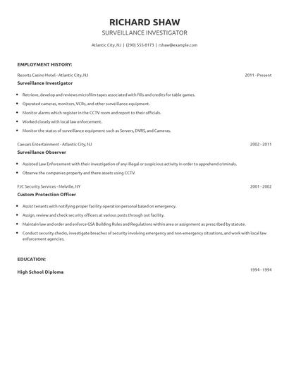 Surveillance Investigator Resume