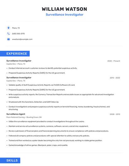 Surveillance Investigator Resume