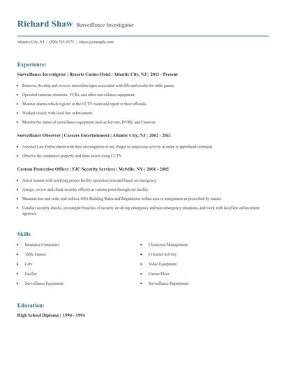 Surveillance Investigator Resume