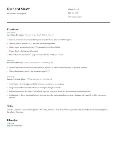 Surveillance Investigator Resume