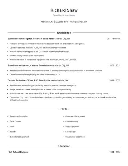 Surveillance Investigator Resume