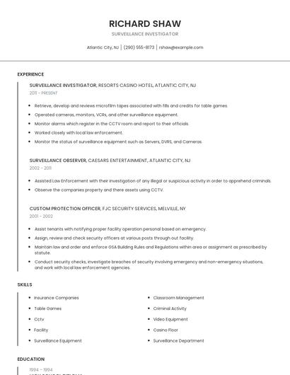 Surveillance Investigator Resume