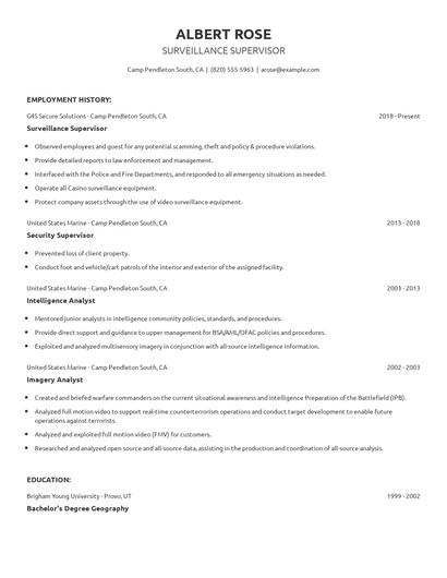 Surveillance Supervisor Resume