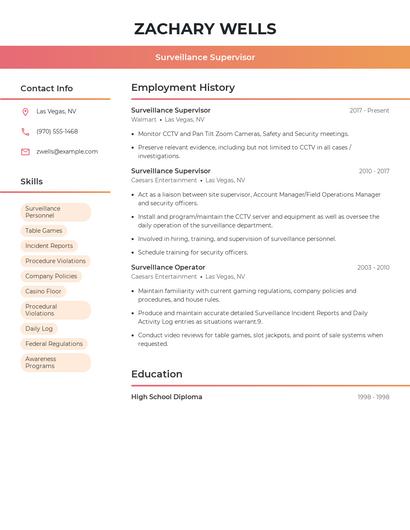 Surveillance Supervisor Resume