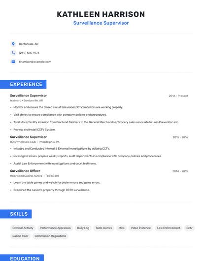 Surveillance Supervisor Resume