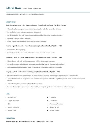 Surveillance Supervisor Resume