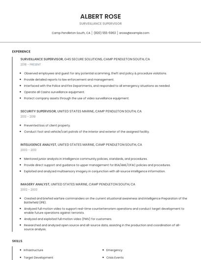 Surveillance Supervisor Resume
