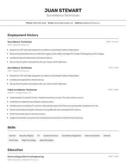Surveillance Technician Resume