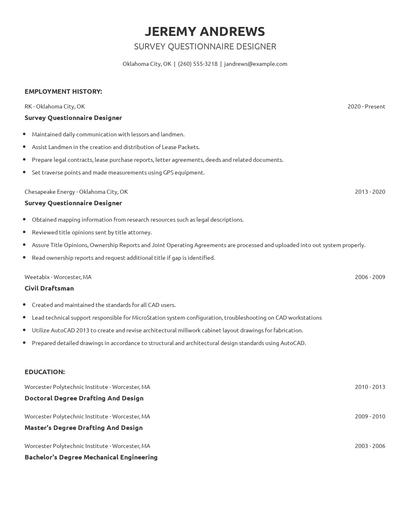 Survey Questionnaire Designer Resume
