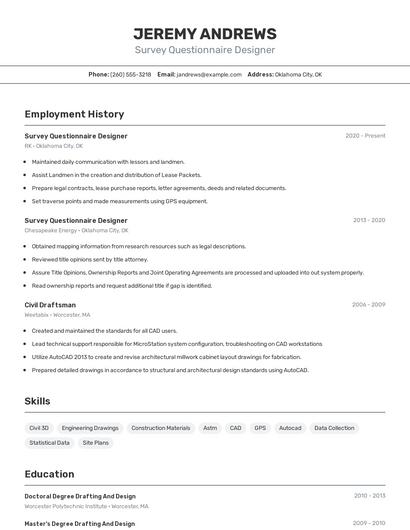 Survey Questionnaire Designer Resume