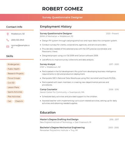Survey Questionnaire Designer Resume
