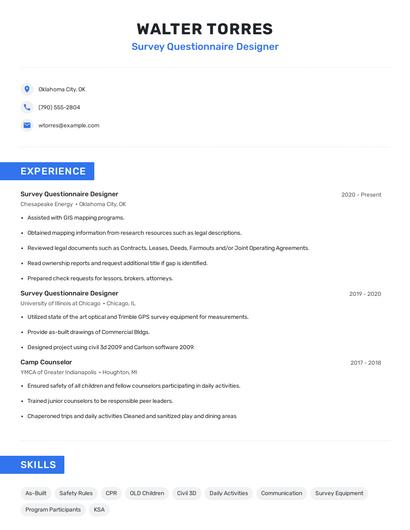 Survey Questionnaire Designer Resume