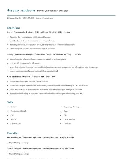 Survey Questionnaire Designer Resume