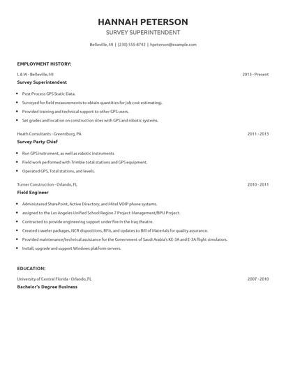 Survey Superintendent Resume