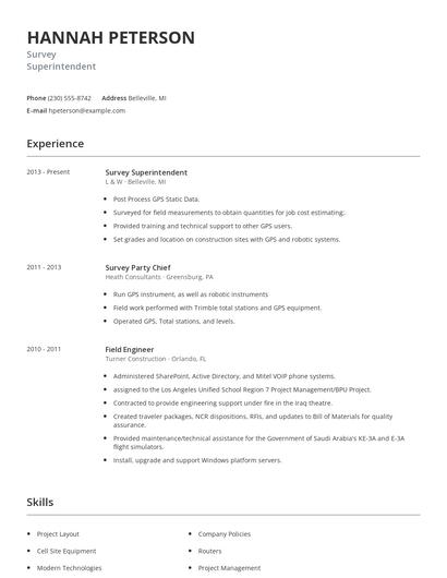 Survey Superintendent Resume