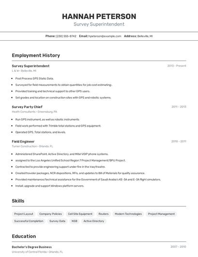 Survey Superintendent Resume