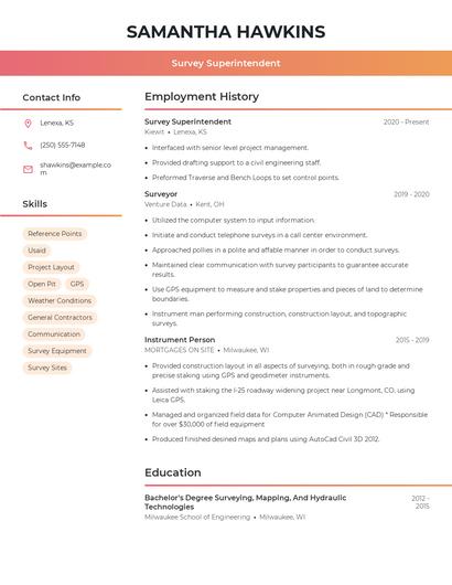 Survey Superintendent Resume