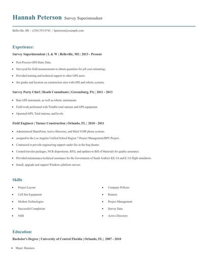 Survey Superintendent Resume