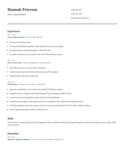 Survey Superintendent Resume