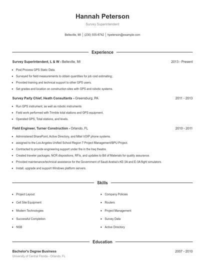 Survey Superintendent Resume