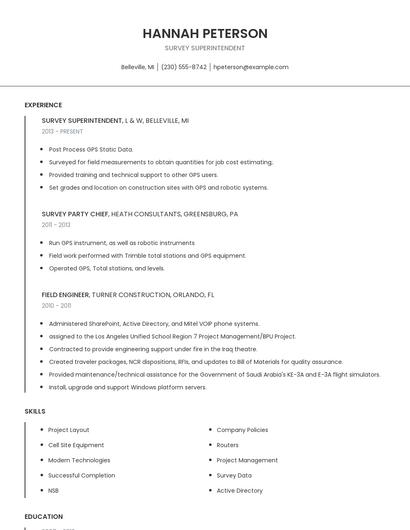 Survey Superintendent Resume